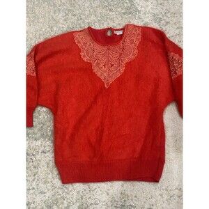 Vtg Sin Woo Lace Sweater Angora Lambswool Blend Womens M/L? Red Dolman Sleeve